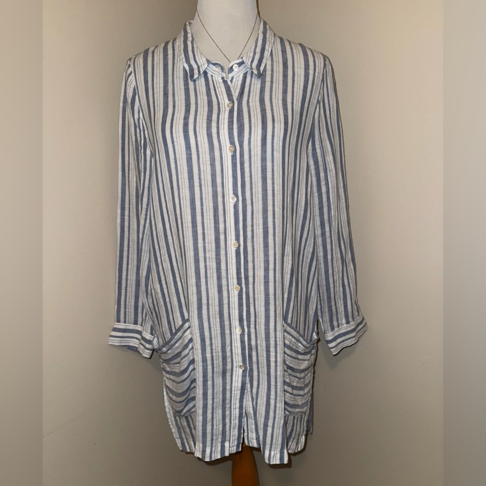 Poetry 100% Linen Lagenlook Blue & White Striped Shirt Dress,Size-10 (US)